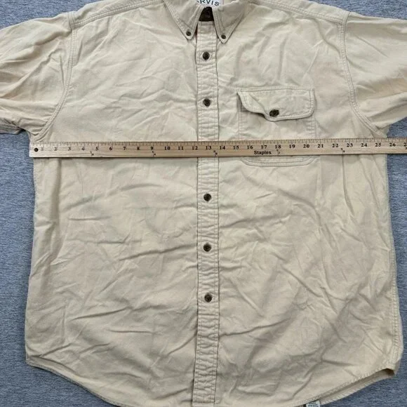 Orvis Shirt Mens Large Beige Long Sleeve Button Down Chamois Elbow Patches - Picture 3 of 7